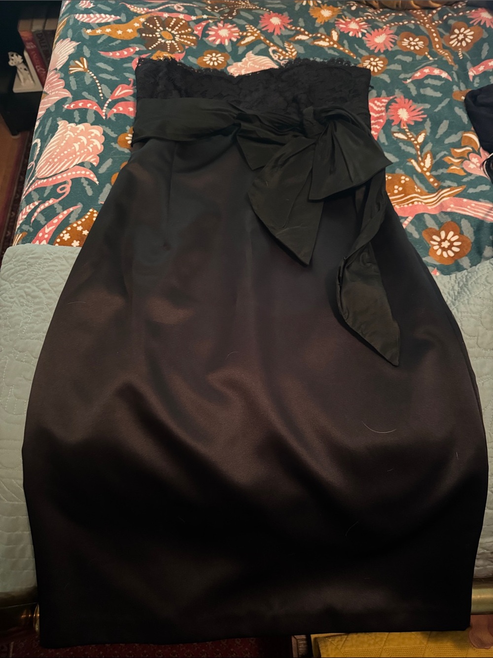 Laundry Black Strapless Satin Cocktail Dress with Lace Bodice & Bow